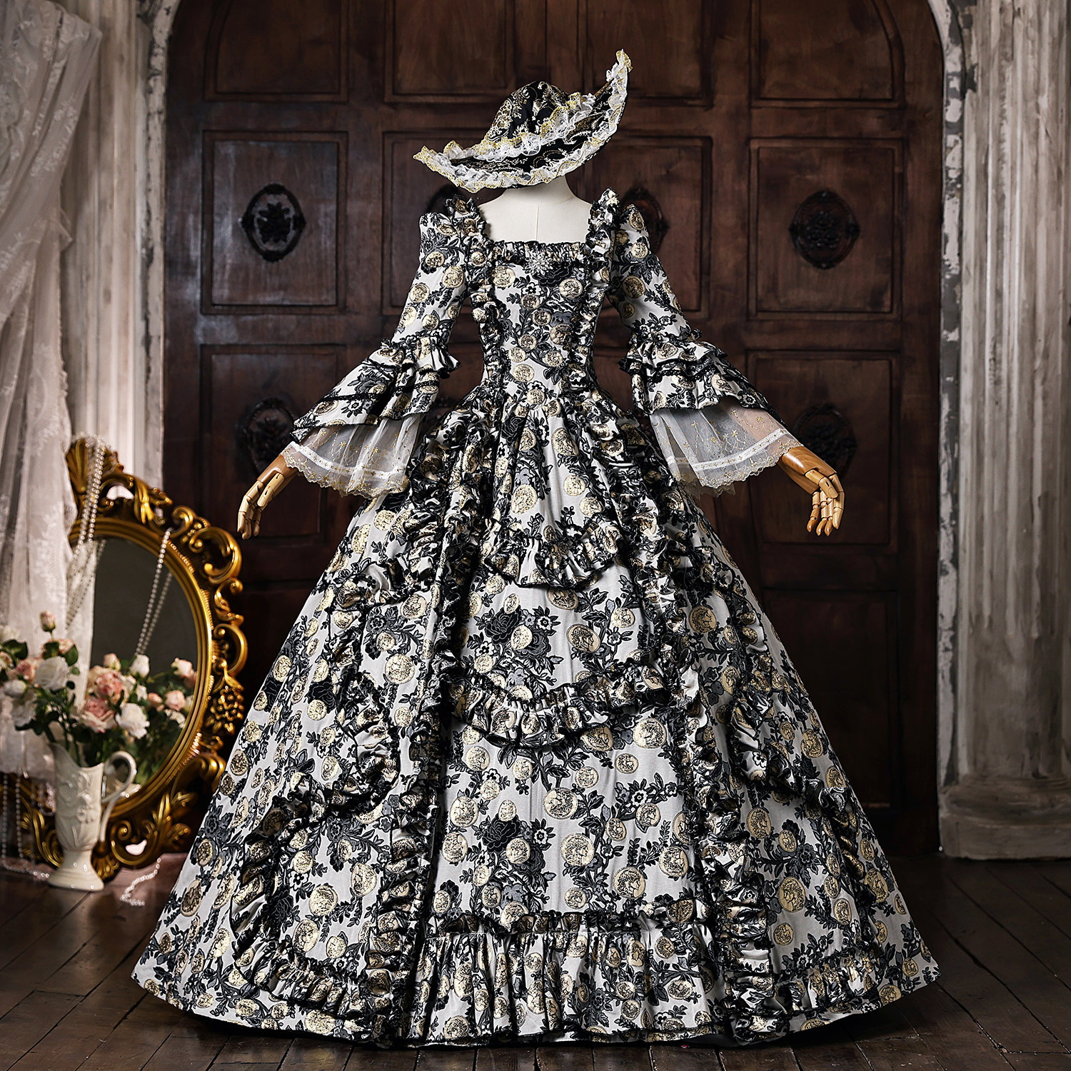 Baroque Victorian Ball Gown Brocade Floral Jacquard Floor Length Long Sleeve Square Neck with Hat