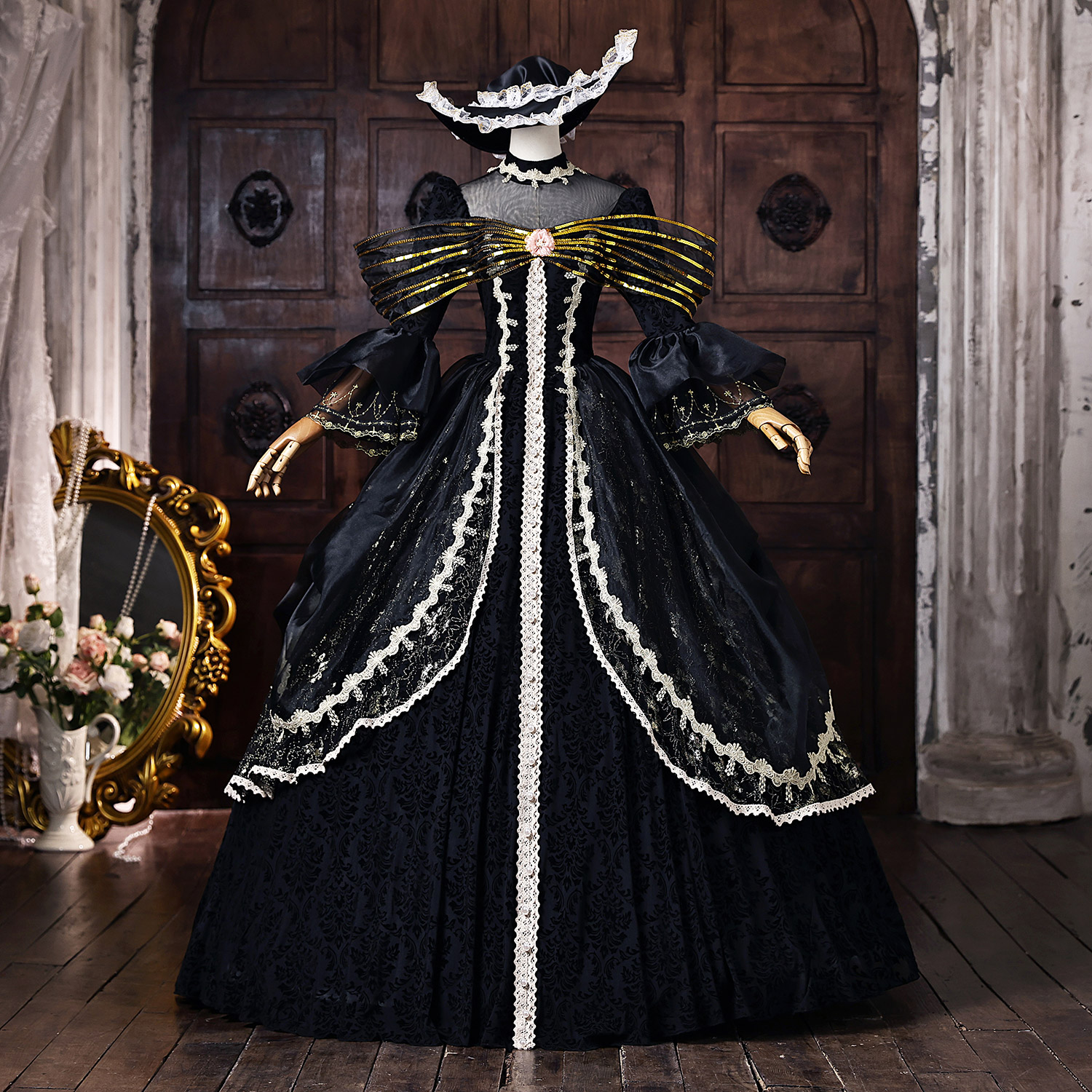 Black Brocade Victorian Ball Gown Gold Lace Trim Long Sleeve Floor Length Masquerade Costume