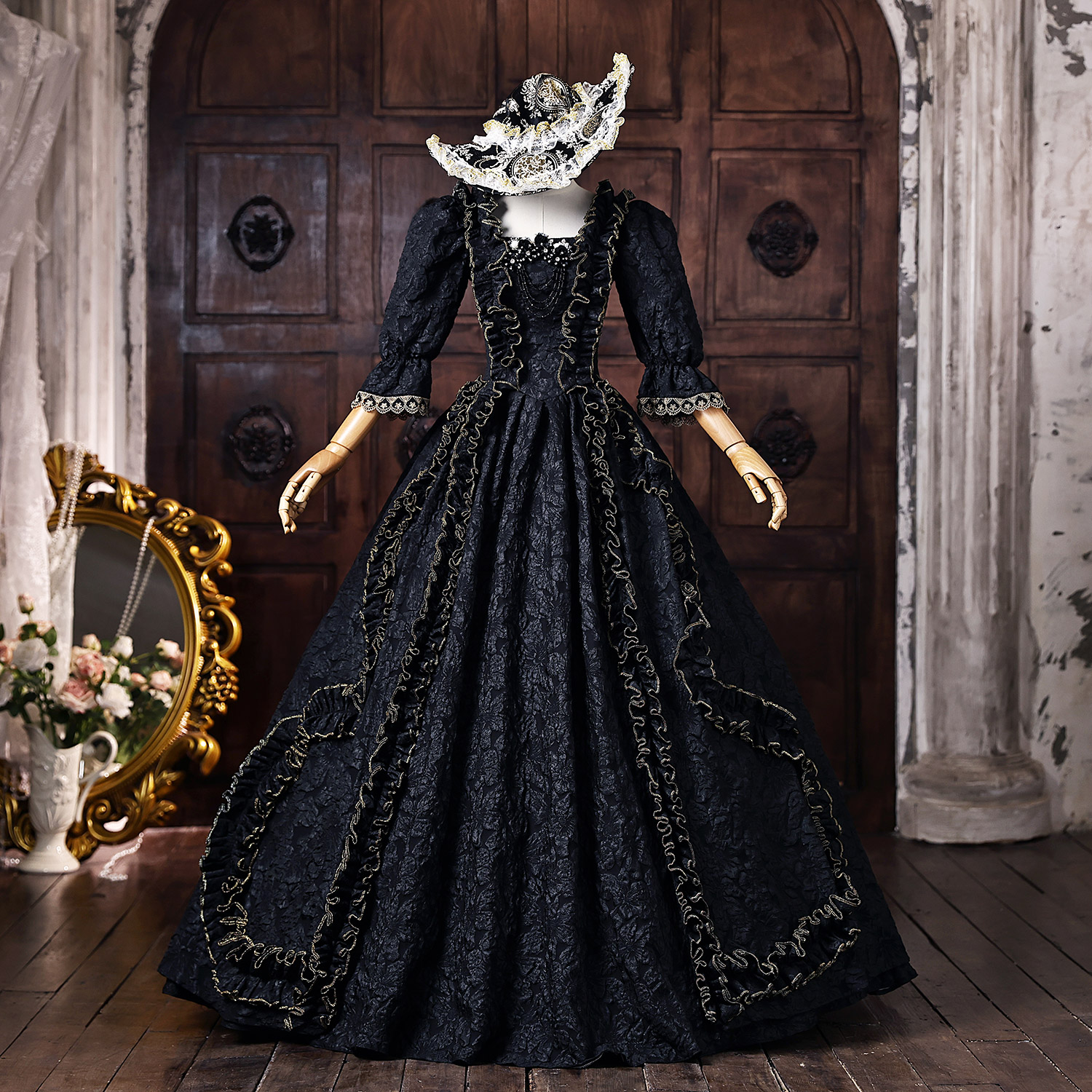 Black Floral Brocade Floor Length Square Neck Half Puff Sleeves Masquerade Costume Dress with Hat