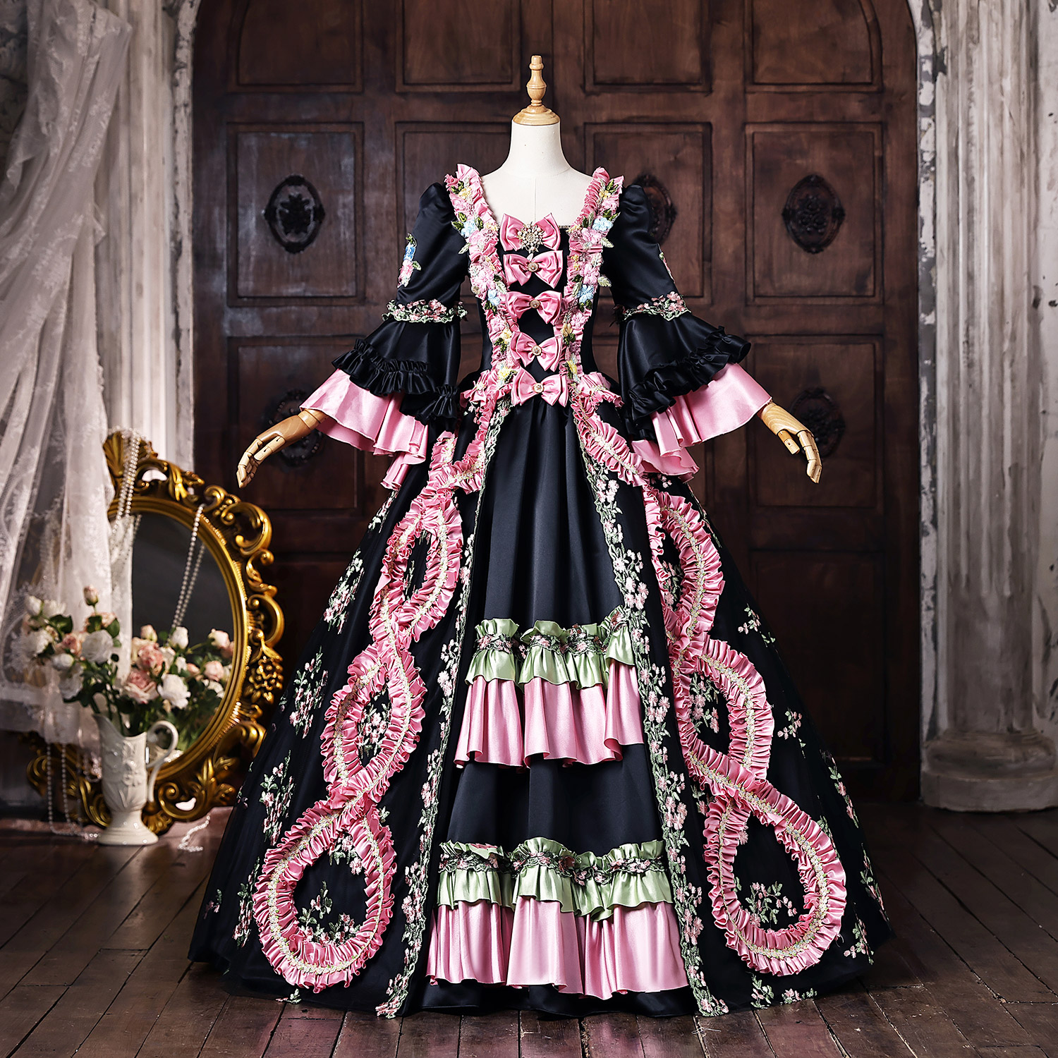 Black Floral Satin Pink Ruffle Trim Bow Accents Masquerade Costume Floor Length Rococo Ball Gown