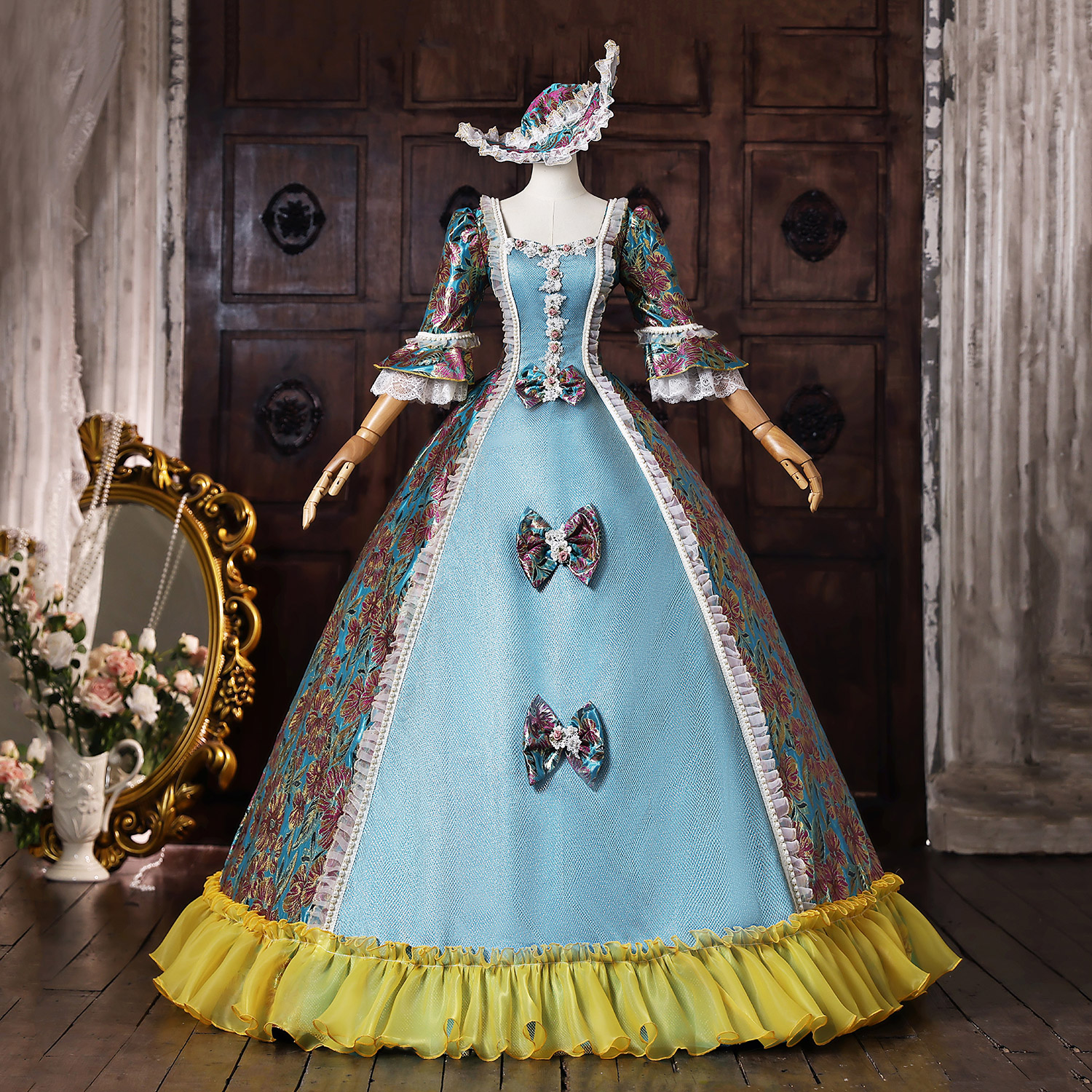 Blue Floral Brocade Half Sleeve with Lace Trim Bow Embellishments Lace-Up Corset Back Floor Length Masquerade Costume