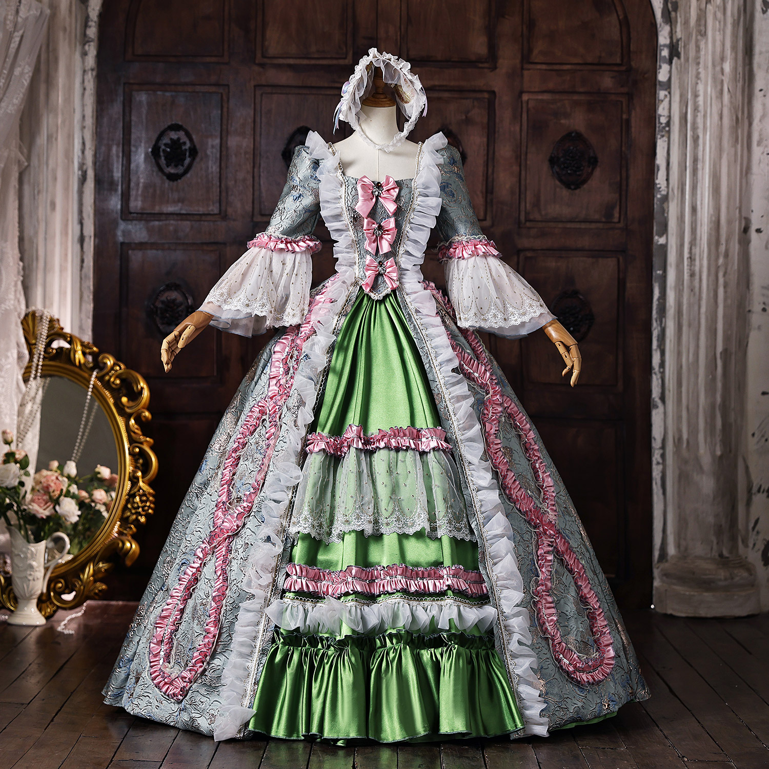 Blue Floral Brocade Half Sleeve with Lace Trim Bow Embellishments Lace-Up Corset Back Floor Length Masquerade Costume