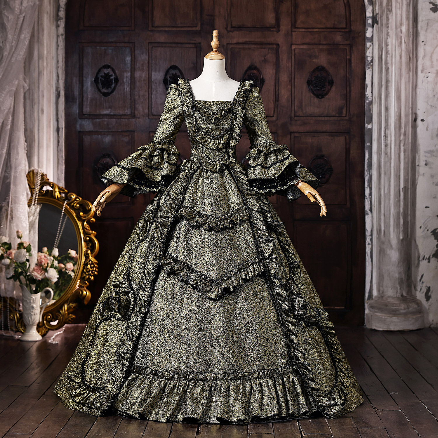 Gold Brocade Baroque Rococo Style Square Neckline Long Puff Sleeves Floor Length Masquerade Costume