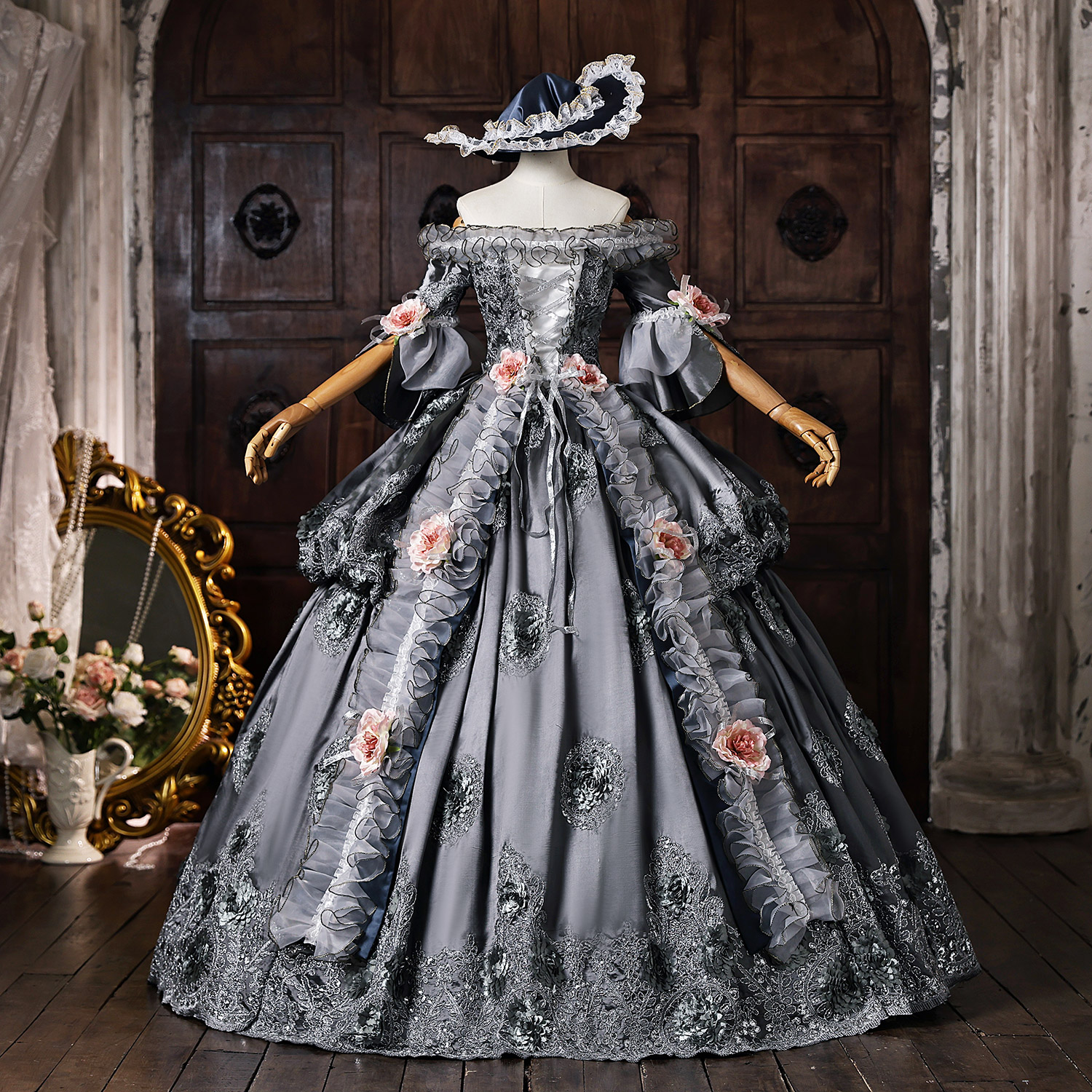 Gray Rococo Ball Gown Off-the-Shoulder Brocade with Lace Applique 3D Floral Accents Masquerade Costume
