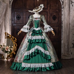 Green Floral Brocade Long Sleeve with Lace Trim Tiered Skirt Lace-Up Corset Back Floor Length Masquerade Costume