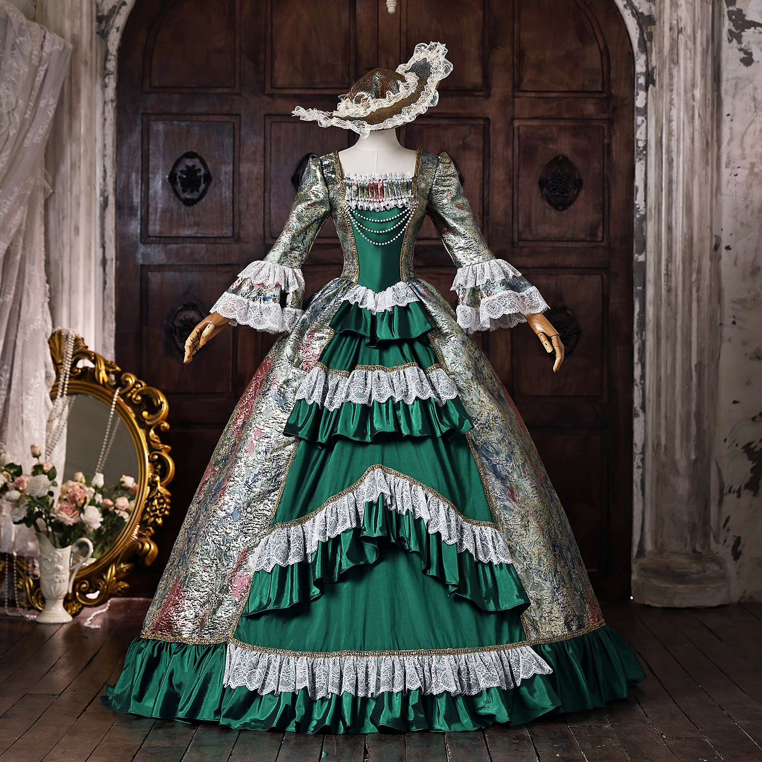 Green Floral Brocade Long Sleeve with Lace Trim Tiered Skirt Lace-Up Corset Back Floor Length Masquerade Costume