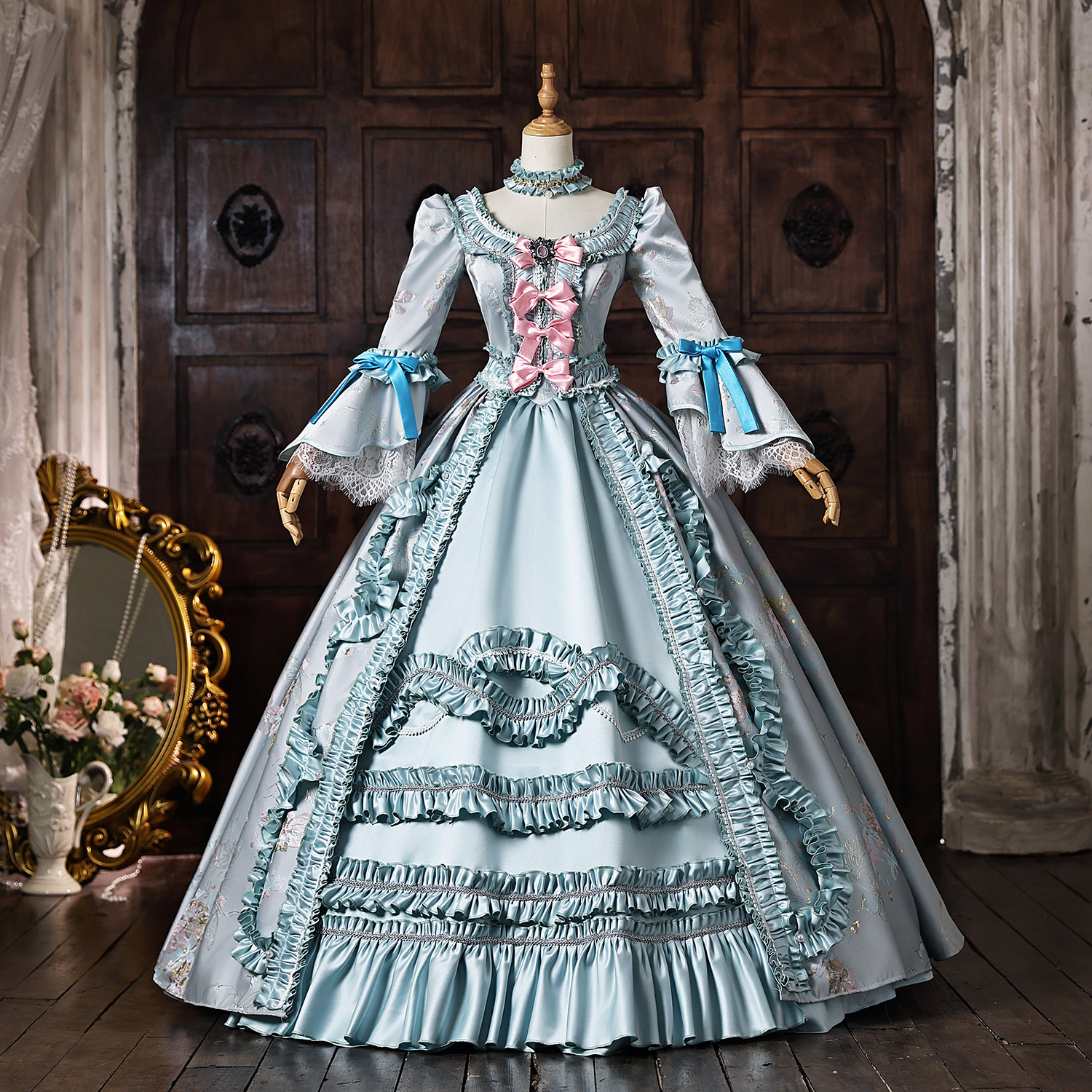 Light Blue Floral Brocade Long Sleeve Lace Trim Floor Length Masquerade Ball Dress