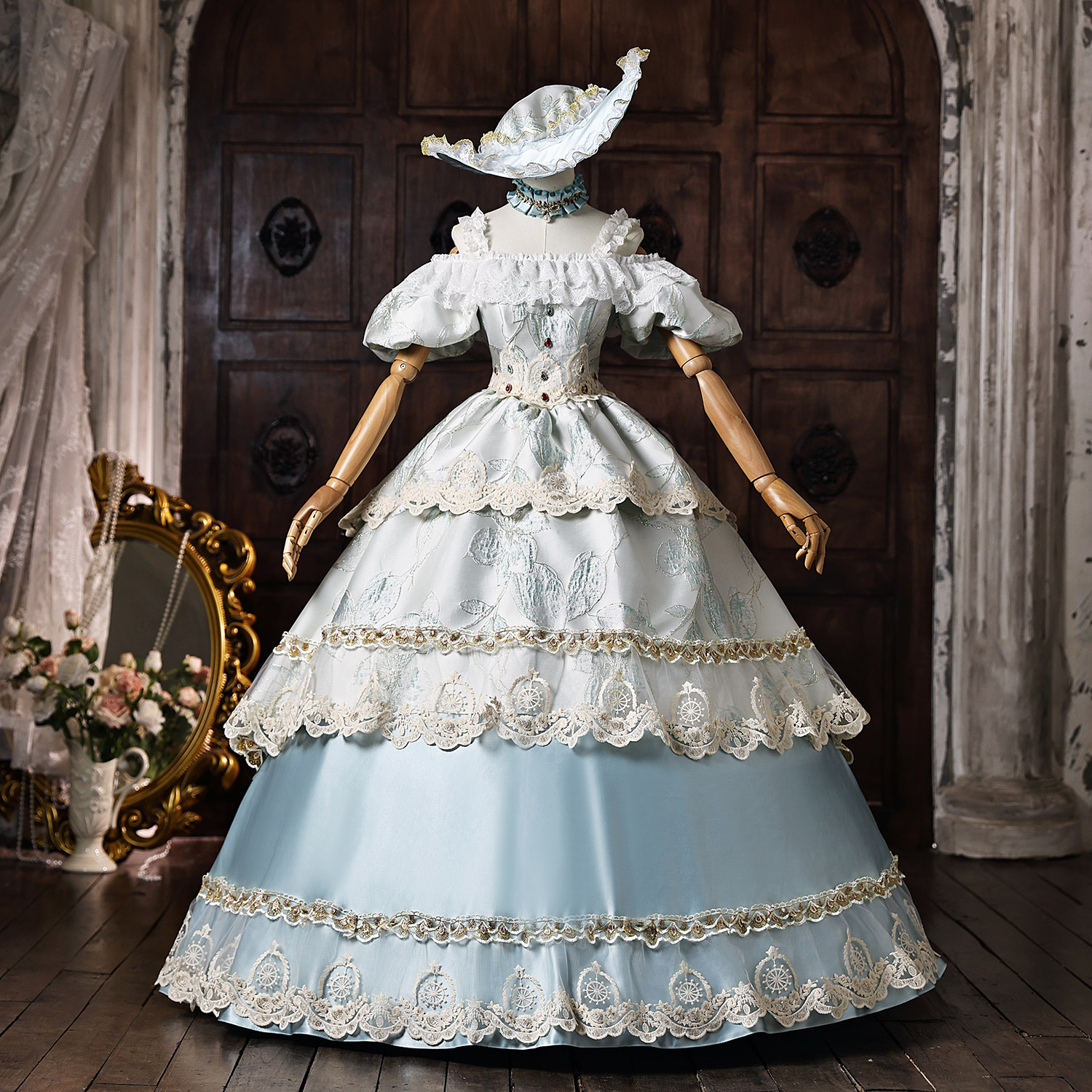 Light Blue Jacquard Embroidery, Off the Shoulder, Lace Masquerade Costume