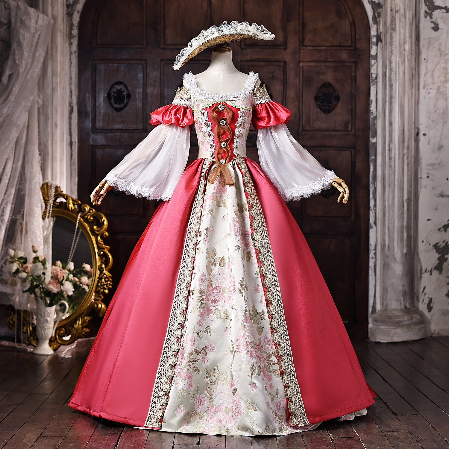 Pink Floral Brocade Off-Shoulder Bell Sleeves Lace Trim Floor Length Masquerade Costume