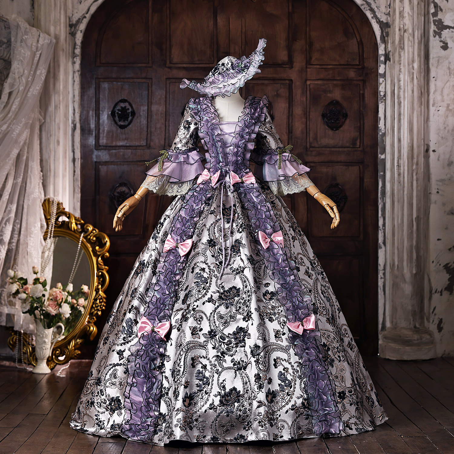 Purple Floral Brocade Floor Length Lace-Up Corset Tiered Bell Sleeves with Lace Cuffs Masquerade Costume with Bonnet Hat