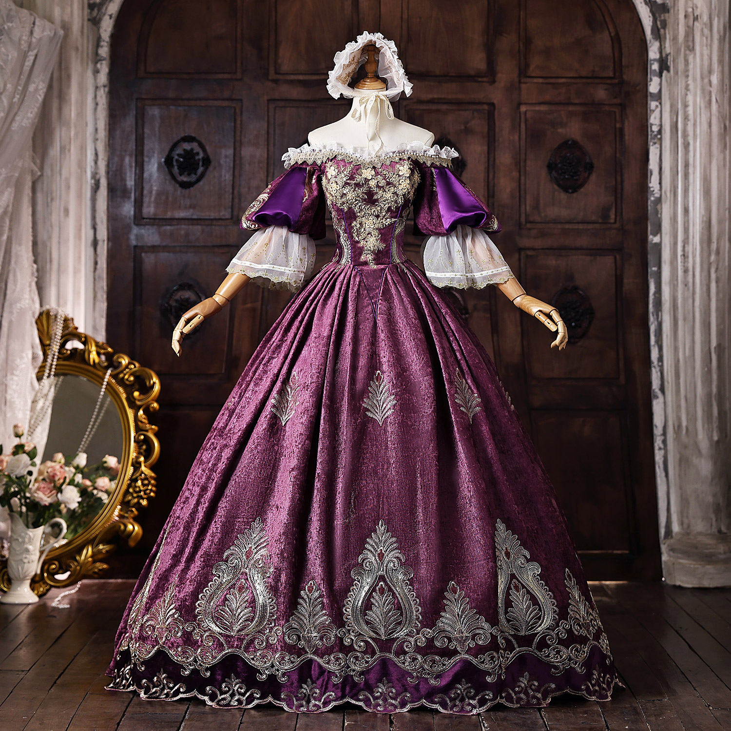 Purple Velvet with Gold Embroidery Off Shoulder Short Sleeve Floor Length Masquerade Dress