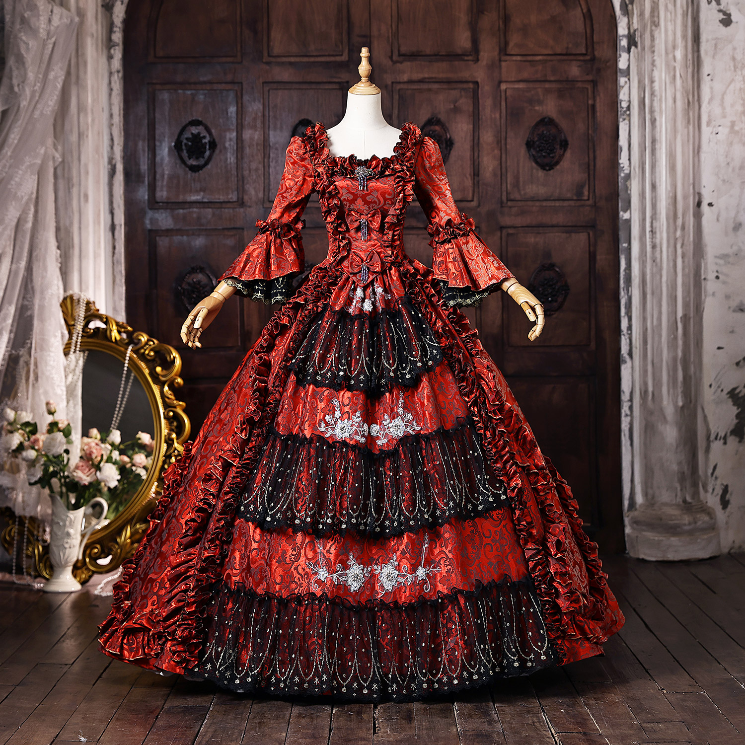 Red Floral Brocade Long Sleeves Tiered Ruffles Floor Length Masquerade Costume