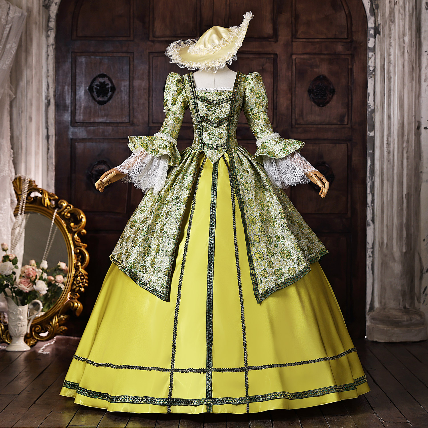 Yellow Green Floral Brocade Long Sleeve with Lace Trim Floor Length Masquerade Costume