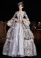 Women Gray Jacquard Multi Layered Long Lace Sleeves Floor Length Festive Formal Ball Gown Masquerade Party Dress