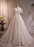 Champagne Tulle Sequins Pearls Off the Shoulder Wedding Dress