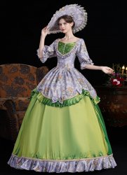 Green Yellow Gray Printed Ruffled Half Sleeves Floor Length Venice Carnival Holiday Festive Formal Dress