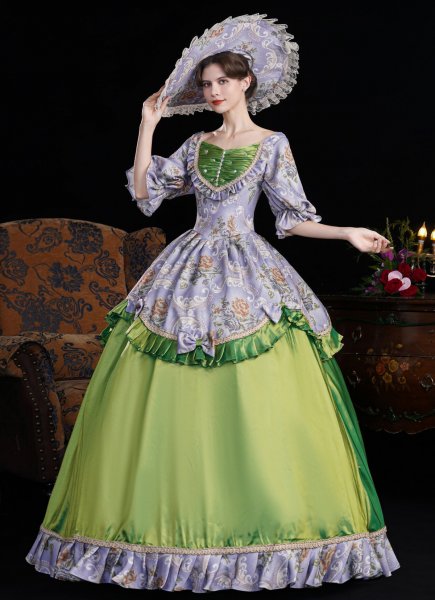 Green Yellow Gray Printed Ruffled Half Sleeves Floor Length Venice Carnival Holiday Festive Formal Dress
