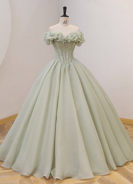 Off The Shoulder light Green Tulle Formal Dress With Flower Neck