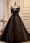 Black A-line Long Tulle Prom Dress with Bowknot