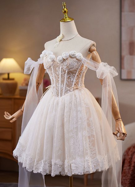 White Off the Shoulder Corset Flower Mini Cocktail Evening Dress