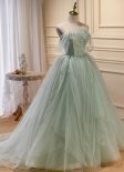 Off-the-Shoulder Sleeveless Sweep Train Sequins Light Green Formal Dress