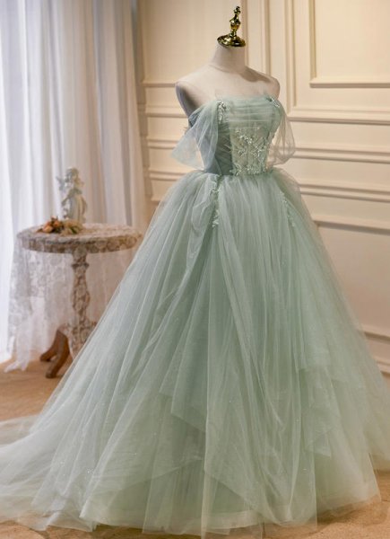 Off-the-Shoulder Sleeveless Sweep Train Sequins Light Green Formal Dress