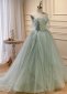 Off-the-Shoulder Sleeveless Sweep Train Sequins Light Green Formal Dress