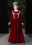 Kids Burgundy Velvet Elegant Princess Dress Girls Fancy Dress for Children