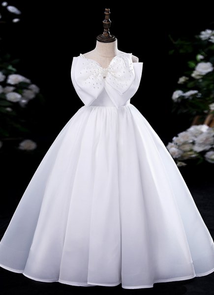 Pink White Children Girls Spaghetti Straps Big Bow Wedding Dress