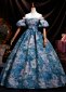Blue Floral Off the Shoulder Prom Dress Ball Gown