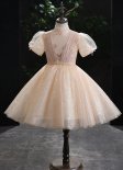 Girls Mock Neck Pearl Tulle Champagne Short Dresses Size 3-12