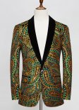 Men Gold-Green Cashew Flower Shiny Sequin Floral Shawl Lapel Suit Jacket Weddings Prom Banquets Formal Blazer