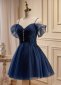 Deep Blue Pearl Button Tulle Midi Formal Cocktail Dress