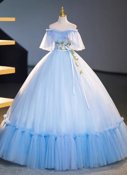 Custom-made Off the Shoulder Blue Tulle Formal Evening Dresses