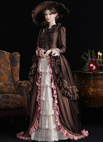 Vintage Women Brown Edwardian 1900s 1910s Tea Party Garden Dress Victorian Bustle Theater Costume