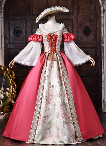 Pink Floral Brocade Off the Shoulder Bell Sleeves Lace Floor Length Masquerade Stage Dress