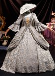 Graceful Renaissance Gray Floral Jacquard Victorian Regency Rococo Mantua Dress Gold Appliques Three Quarter Sleeve Carnival Valentine Day Ball Dress