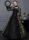 New Black Gold Floral Brocade Renaissance Medieval Square Collar Long Sleeves Victorian Dress