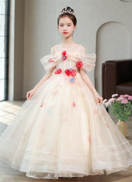 Flower Girls Cold Shoulder Sleeve Applique Flower Tulle Party Formal Dress