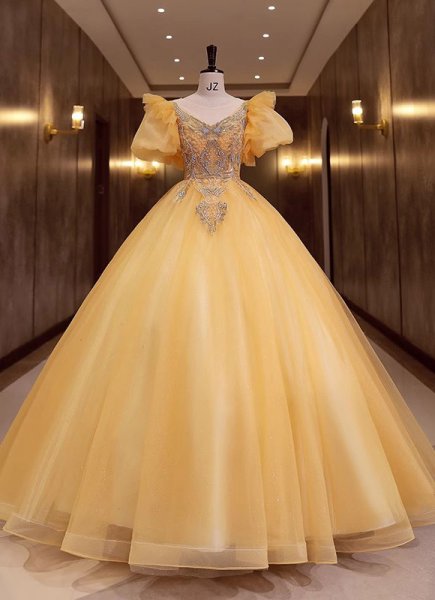 Gorgeous Puff Sleeves Yellow A-Line Prom Formal Dress