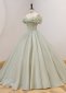 Off The Shoulder light Green Tulle Formal Dress With Flower Neck