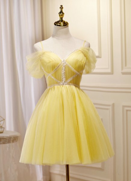 Yellow Spaghetti Straps Sweetheart Mini Cocktail Club Dresses