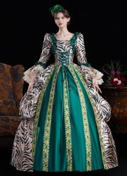 Women Green Brocade Zebra-Print Multi Layered Long Sleeve Carnival Inspired Ball Dress Theater Costume