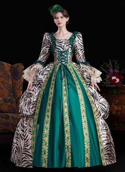 Women Green Brocade Zebra-Print Multi Layered Long Sleeve Carnival Inspired Ball Dress Theater Costume