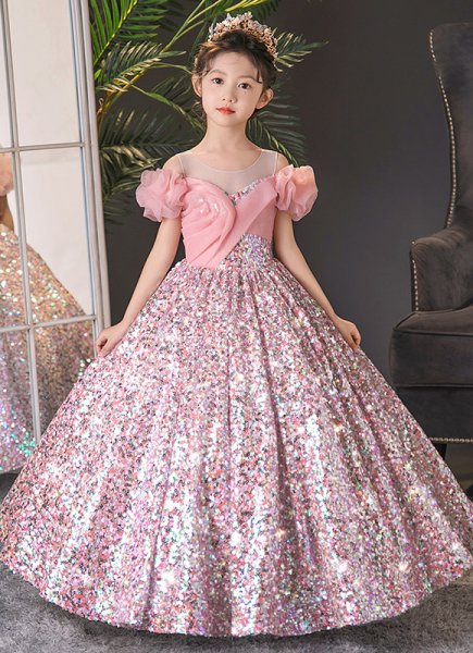 Girls Sequin Pink Mesh A-line Prom Homecoming Dresses