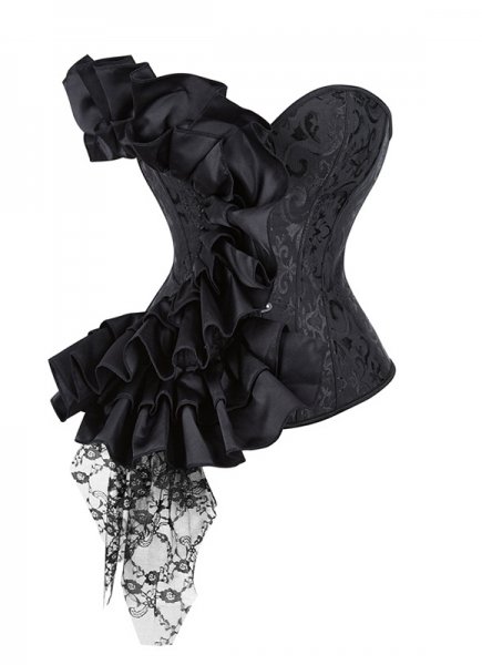 Black Satin Lace Ruffled Brocade Jacquard Bustier