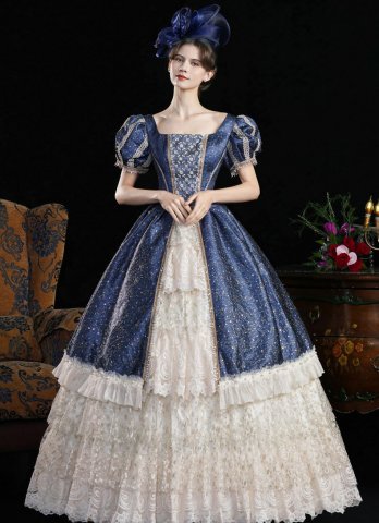 Women Dark Blue Lace Ruffled Short Sleeve Southern Belle Masquerade Dress