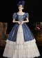 Women Dark Blue Lace Ruffled Short Sleeve Southern Belle Masquerade Dress
