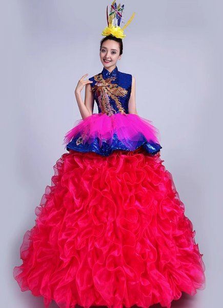 Carnival Women Blue And Red Tulle Ball Gown Princess Dance Costume