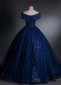 Dark Blue Embroidery Sequins Off Shoulder Tulle Long Formal Dress 1